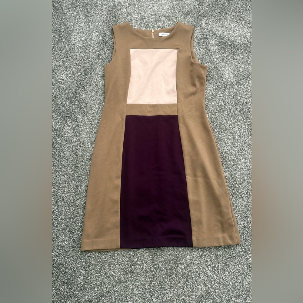 Calvin Klein Tan and Purple Colorblock Sheath Dress